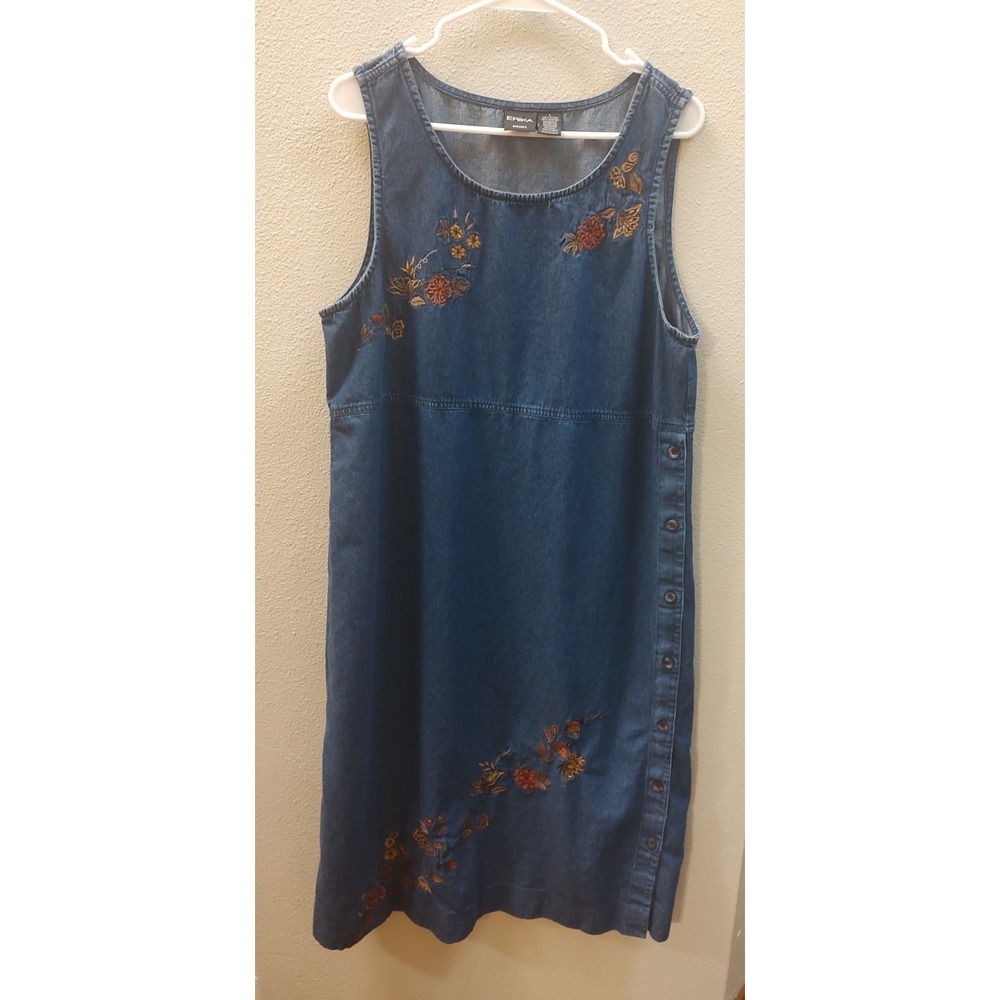 Erika Chambray Jumper Dress Vtg Large Floral Embroidery Fall Button Up Side Read